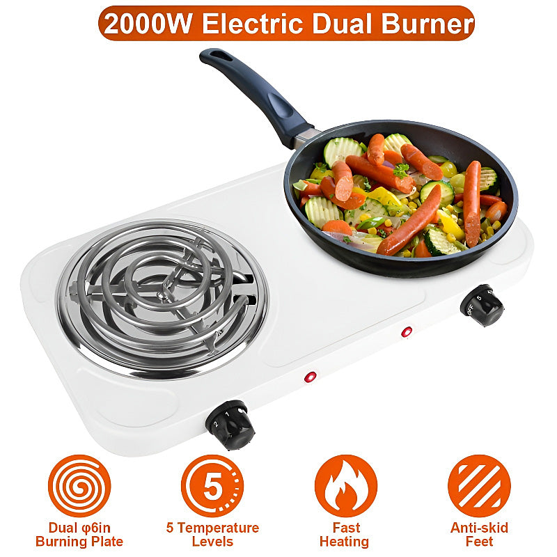 2000W Electric Dual Burner Stove – Portable Double Hot Plate with 5-Level Temperature Control, Spiral Coils & Overheat Protection