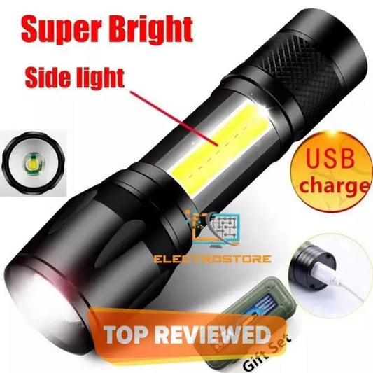 Super Bright USB Rechargeable Plastic Flashlight with Side Light – Compact, Durable &amp; Powerful LED Torch