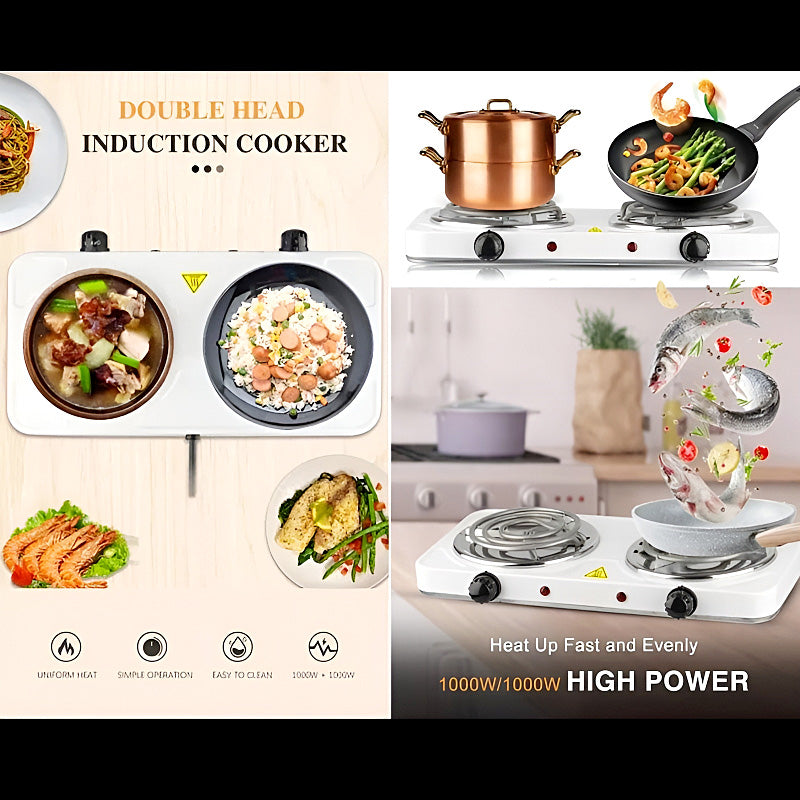 2000W Electric Dual Burner Stove – Portable Double Hot Plate with 5-Level Temperature Control, Spiral Coils & Overheat Protection